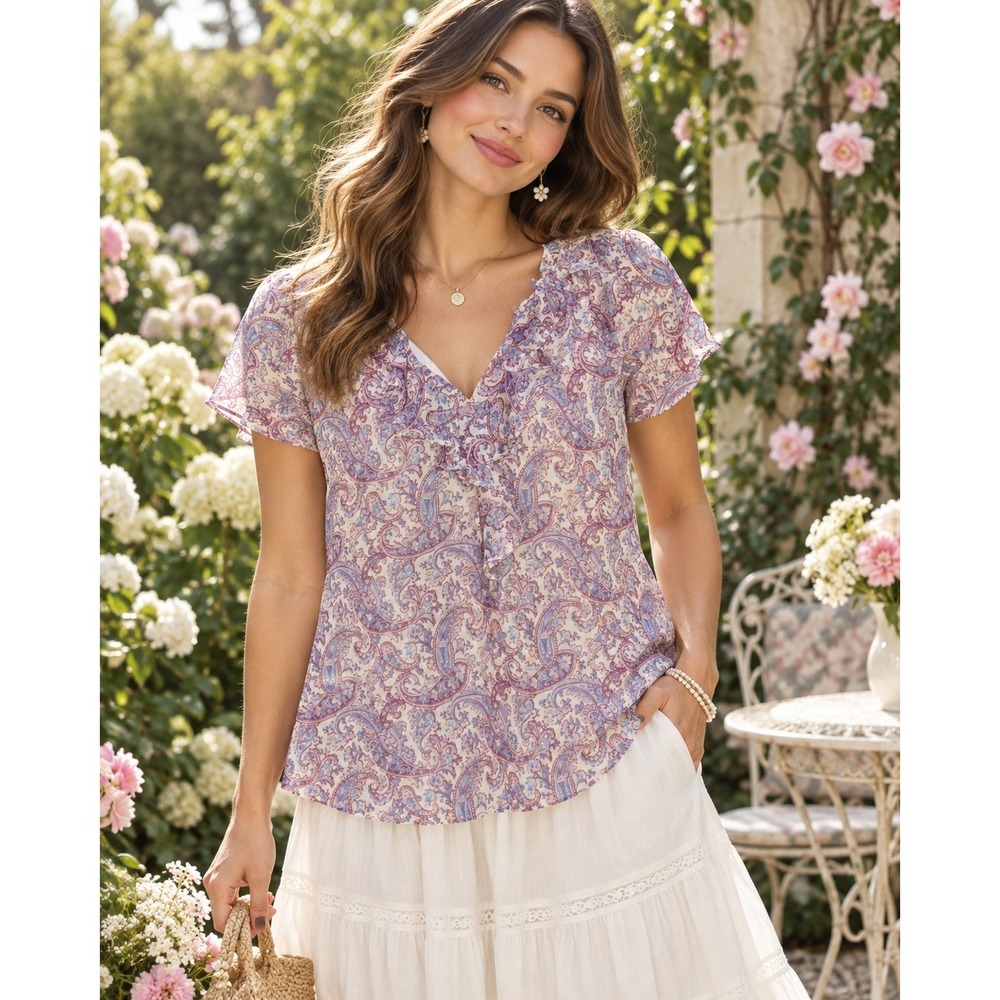 LOFT Petites Purple Paisley Ruffle V-Neck Flutter Sleeve Blouse Size MP